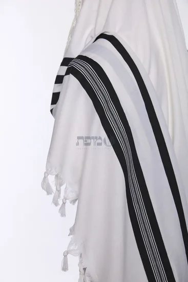 טלית צמר מהודרת דגם "ישתבח" פסים שחור