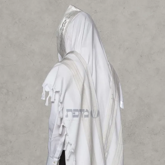 טלית לחתן כותנה דגם "רויאל" פסים לבן כסף
