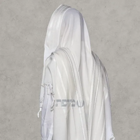 טלית צמר לחתן דגם "למנצח" פסים לבן כסף