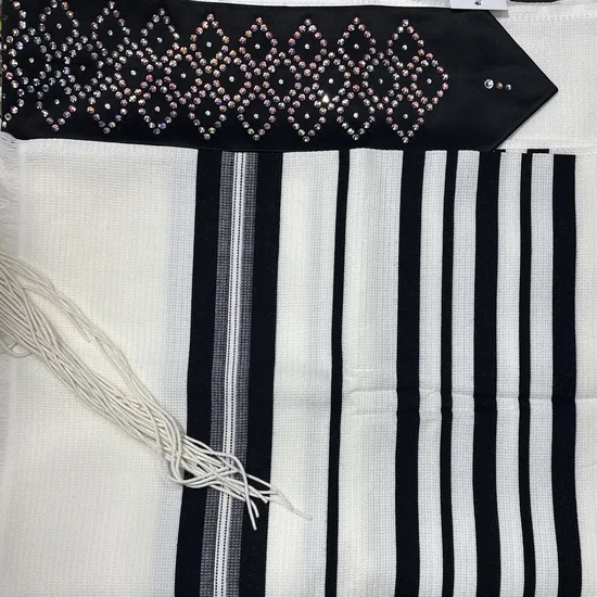 טלית יוקרתית - שילוב אבני סברובסקי SWAROVSKI דגם "כתר בלאק"