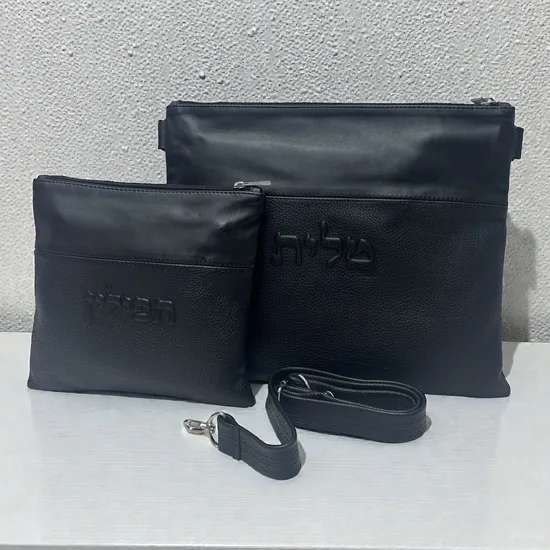 סט כיסויים לטלית ותפילין מעור אמיתי דגם "בלאק"