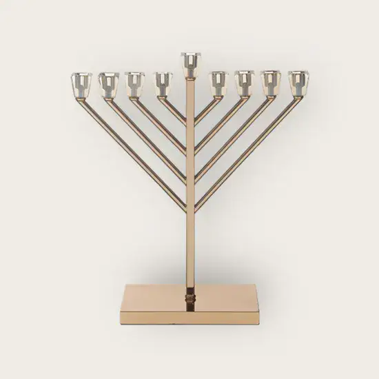 חנוכיית חב"ד מהודרת ציפוי רוז גולד שילוב קנים קריסטל מוזהב 36 ס"מ.